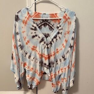 Cute YFB Women's Tie-Dye V-Neck Blouse - Light Blue & Coral. Size Large